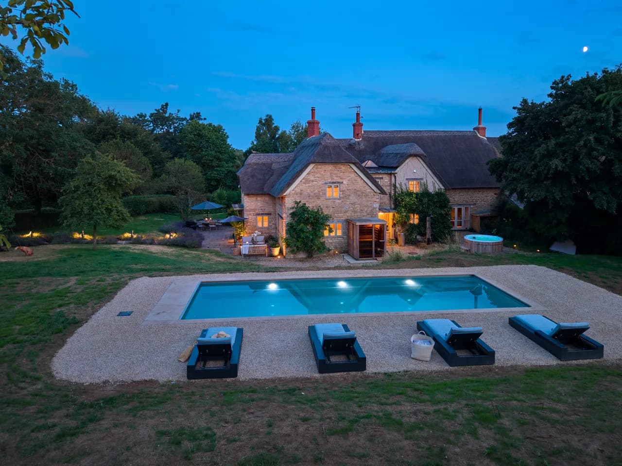 Aerial photograph of Brandy's Farmhouse and gardens in the Cotswolds